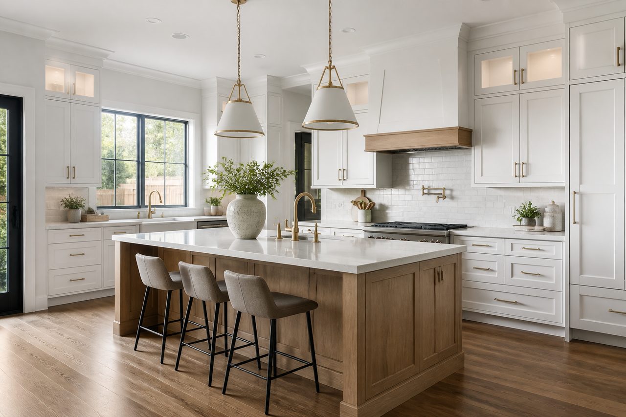 Finished kitchen with island, pendants, and white cabinetry